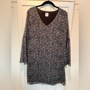 CAbi Brown patterned bell-sleeve dress ~ small